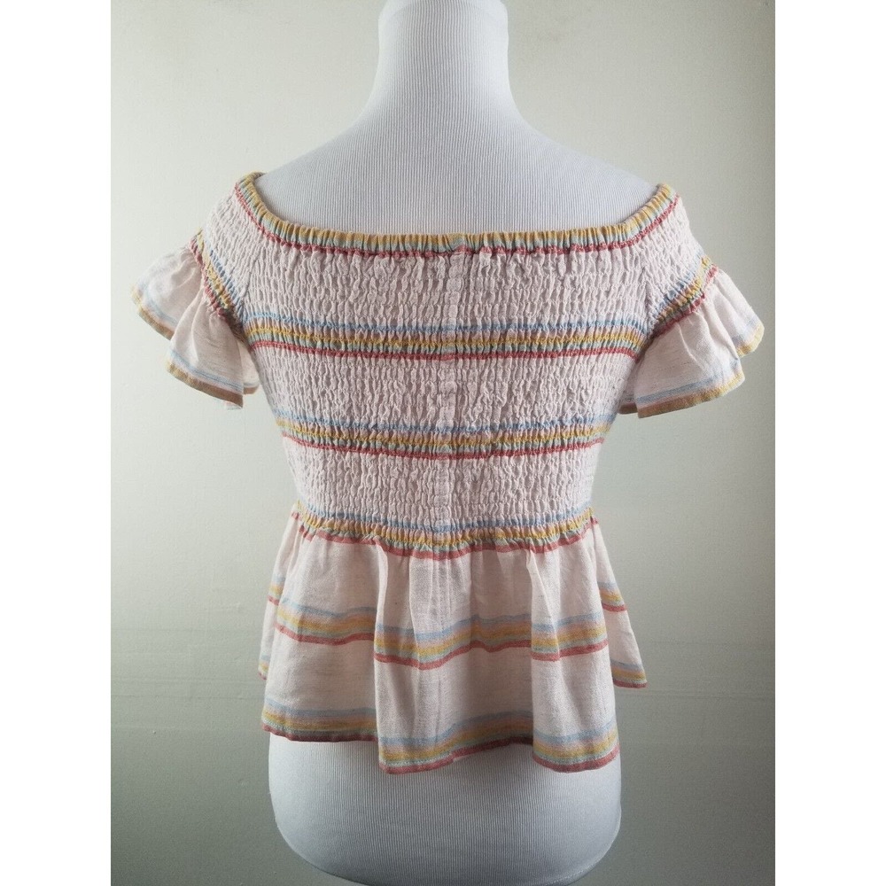 American Eagle Medium Top Smocked Peplum Crop Linen Blend Striped Women’s - Picture 6 of 10